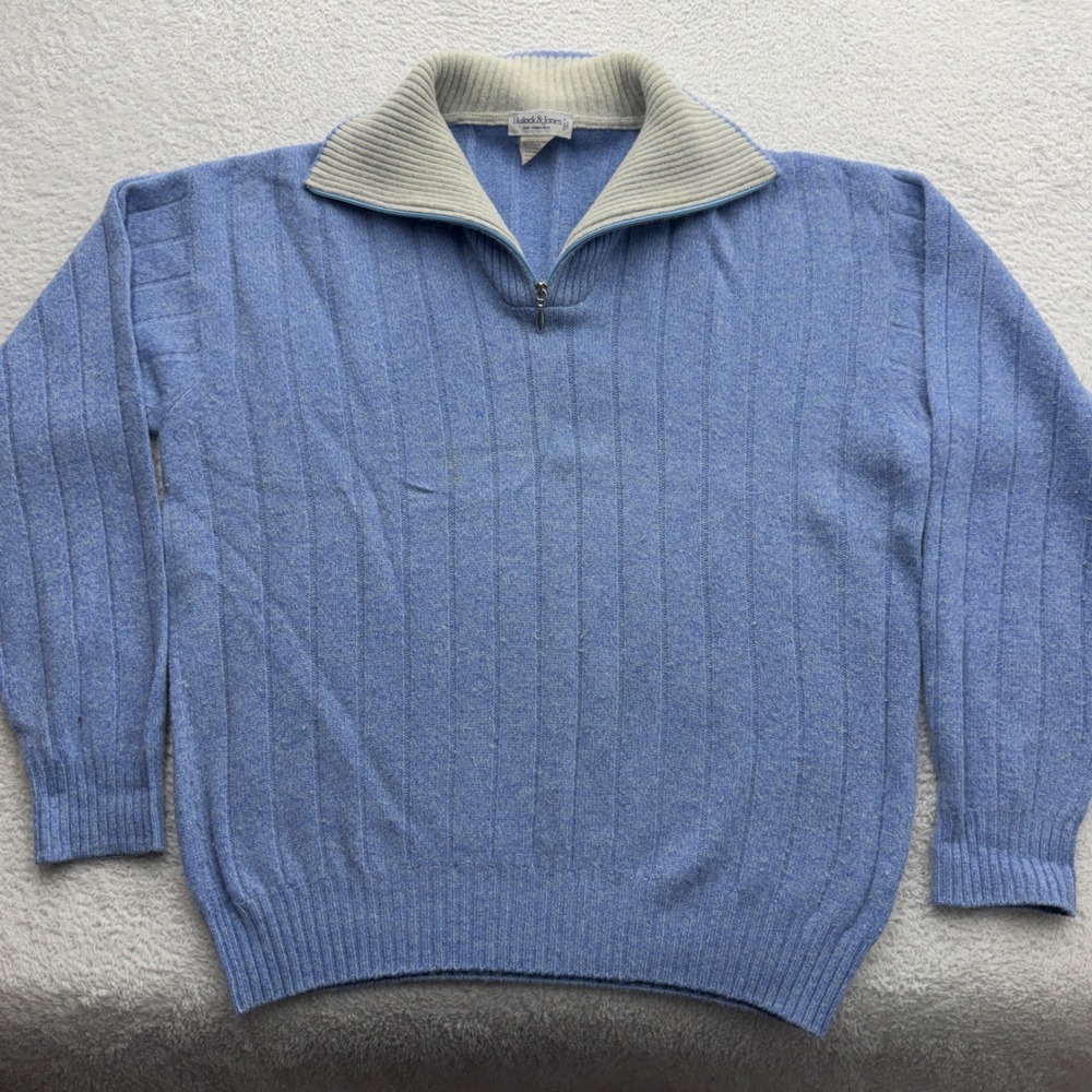 Bullock & Jones Mens Blue Extra Fine Merino Wool Quarter Zip Ribbed Sweater‎ L